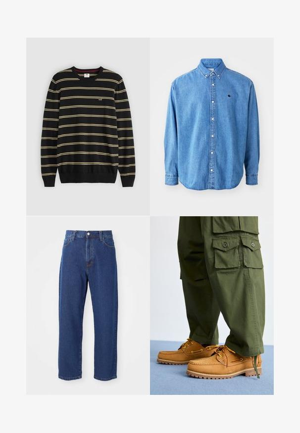 Sort sweater med vandrette gule striber, ribbet rund halsudskæring og manchetter; lille logo på venstre bryst.; Denim button-down skjorte, lyseblå i farven, med krave, lange ærmer og et lille logo på brystet. Har hvide knapper og syninger.; Høj taljede blå jeans i denim, med lige ben silhuet, synlige stikninger og en frontknaplukning.; Timberland AUTHENTIC 3 EYE - Sejlersko - wheat
