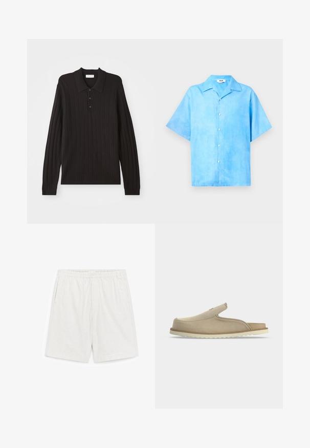 Must svart pikk-sleeve polo särk, millel on ribakujuline tekstuur, klassikaline krae ja kolm nupuvajutust. Pehme kangas ja fikseeritud disain.; Hele sinine lühikeste varrukatega nööbitav särk lahtise kraega ja valgete nööpidega, eksponeeritud ühevärvilisel valgel taustal.; Valged elastse vöökohaga lühikesed püksid küljetaskutega, keskmise reie pikkusega ja lihtsa disainiga valgel taustal.; Beežid libistatavad sandaalid suletud varbaga, avatud kand, pehme seemisnahast pealmine osa ja valge tekstuuriga kummist tald, nähtud küljelt valgel taustal.
