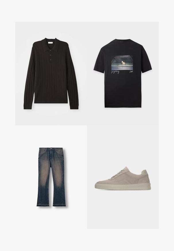 Must svart pikk-sleeve polo särk, millel on ribakujuline tekstuur, klassikaline krae ja kolm nupuvajutust. Pehme kangas ja fikseeritud disain.; Must T-särk, millel on foto auto armatuurlauast, kus on väike koerakuju, ja käsitsi kirjutatud tekst, mis ütleb "Just get lucky" ja "Clawed."; Tumedate teksased, millel on laienev jalg, kulunud lõhnaga reied, viis taskut ja kärbitud äär. Vastupidav kangas klassikalise lõikega.; Beežid seemisnahast tennised tekstuurse pinnaga, ümarate varvaste ja toonitooniliste paeltega. Varustatud paksu kummist tallaga ja diskreetse kaubamärgiga kannaosas.