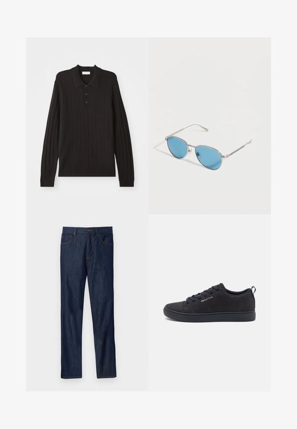 Schwarzes Langarm-Polohemd mit geripptem Textur, klassischem Kragen und drei Knopfverschlüssen. Weicher Stoff mit taillierter Passform.; Dunkelblaue Denim-Jeans mit geradem Bein, vorderen Taschen, Gürtelschlaufen und Knopfverschluss auf einem hellgrauen Hintergrund.; Marineblaues Wildleder-Sneaker mit glatter Textur, runder Zehenpartie, dunkler Gummisohle und passenden Schnürsenkeln. Mit "PS Paul Smith" Branding an der Seite.; Sonnenbrille mit silbernem Metallrahmen, runden blau getönten Gläsern und schlanken Bügeln vor weißem Hintergrund.