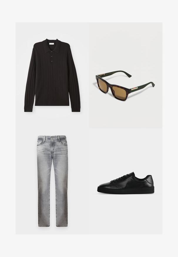 Must svart pikk-sleeve polo särk, millel on ribakujuline tekstuur, klassikaline krae ja kolm nupuvajutust. Pehme kangas ja fikseeritud disain.; Hallid denim teksad heledate mustriga, sirge jalaga lõikega, viie taskuga ja metallnööp sulgemisega vööl. Pehme tekstuur, ilma eristatavate mustriteta.; Madal profiiliga must nahast toss ees nöörimisega ja tekstuurse lameda tallaga, kujutatud külje pealt neutraalsel taustal.; Ruutudes kilpkonnamustriga päikeseprillid, millel on pruunid läätsed ja tumerohelised sangad, millel on kuldsete ja punakasroheliste-valgete triipude aksendid.
