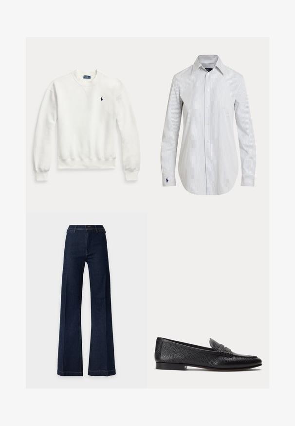 Sweat-shirt blanc à manches longues avec col rond, poignets et bas côtelés, avec un petit logo brodé foncé sur la poitrine gauche.; Chemise blanche à manches longues boutonnée avec fines rayures verticales bleues et un logo bleu brodé sur le poignet gauche.; Jean bleu foncé taille haute à jambes larges avec passants de ceinture et coutures avant visibles sur un fond uni clair.; Mocassin en cuir texturé noir avec petit talon et détail classique de bride à pièce, présenté de profil sur un fond clair uni.