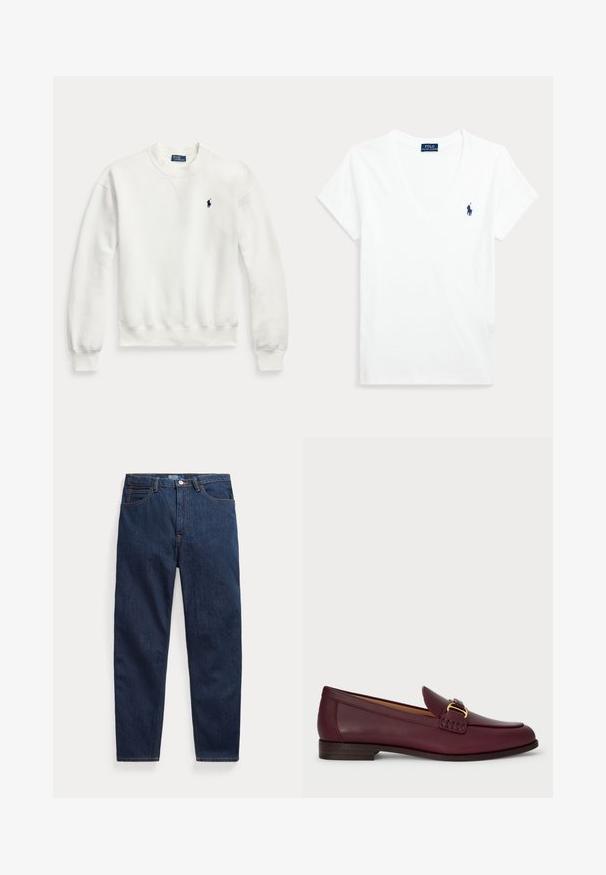 Sweat-shirt blanc à manches longues avec col rond, poignets et bas côtelés, avec un petit logo brodé foncé sur la poitrine gauche.; T-shirt blanc à manches courtes avec col en V et petit logo Polo Ralph Lauren bleu marine sur la poitrine gauche.; Jean en denim bleu foncé avec cinq poches, fermeture par bouton et coupe droite, posé à plat sur un fond blanc.; Mocassins en cuir bordeaux avec une finition lisse, dotés d'une boucle décorative et de détails de couture, d'un talon en bois plat et d'un bout arrondi.