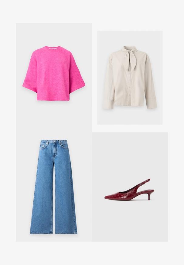 Pull court rose en tricot doux, avec un col rond et des manches larges et courtes. Texture lisse avec un design simple.; Blouse beige à manches longues avec boutons, détail noué au niveau du col et larges poignets aux manches, présentée sur un fond clair uni.; Jean en denim bleu à jambes larges avec taille haute, présentant un design classique à cinq poches et des coutures sur les côtés pour un détail supplémentaire.; Escarpin à talon kitten en cuir bourgogne avec texture crocodile, bout pointu, bride ajustable et talon bas sur fond blanc.