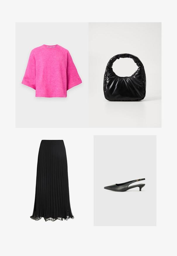 Suéter rosa recortado hecho de suave tejido de punto, con un cuello redondo y mangas cortas y anchas. Textura lisa con un diseño sencillo.; Falda maxi plisada negra hecha de un tejido liviano con un diseño fluido. Cuenta con un dobladillo con volantes y una cinturilla elástica para mayor comodidad.; Zapato de tacón slingback negro de punta afilada, hecho de cuero suave. Presenta un tacón delgado y un detalle de hebilla en la correa ajustable.; Bolso negro acolchado con un asa redondeada, que presenta una superficie lisa y brillante y una textura suave y acolchada. Sin herrajes ni acentos visibles.