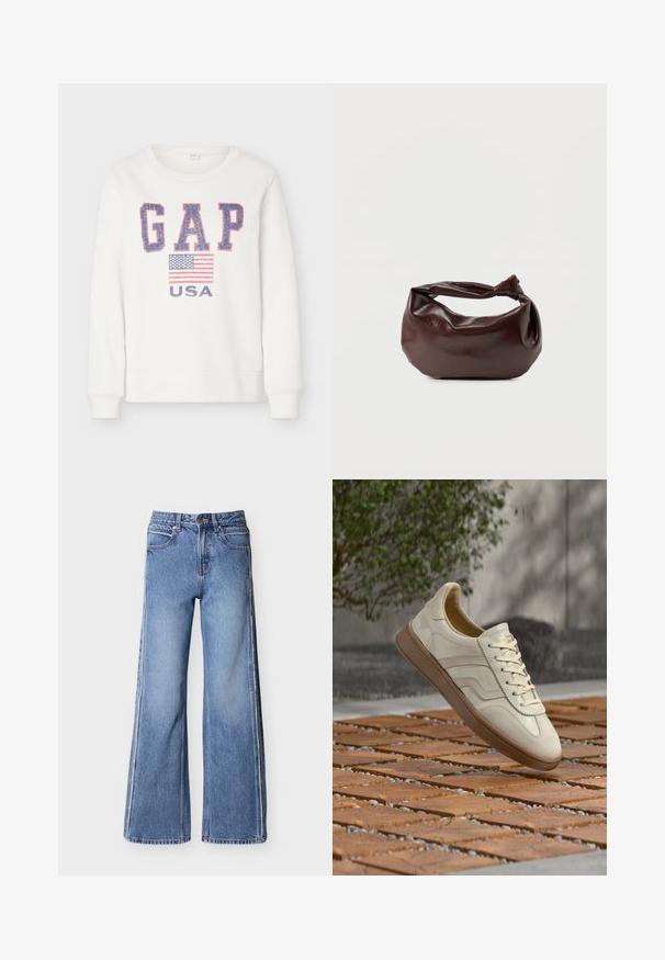 Sweat blanc avec les lettres "GAP" en bleu et rouge, un motif du drapeau américain et le texte "USA" en dessous sur le devant.; Jean bleu à jambes larges en denim, avec une taille haute, des coutures contrastées et une texture subtilement délavée.; Baskets couleur crème avec une semelle extérieure en caoutchouc beige texturée, un design à lacets et un marquage subtil sur le côté. Tige en cuir lisse.; Sac bandoulière en cuir marron foncé avec une forme souple et décontractée et une anse nouée torsadée sur un fond blanc uni.