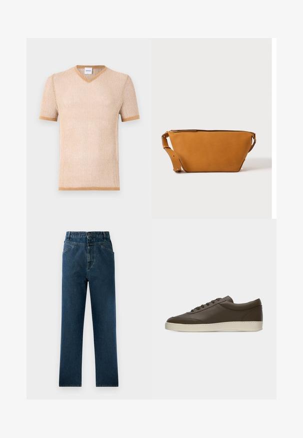 T-shirt beige en tricot à manches courtes et col en V avec une texture côtelée et des finitions contrastantes marron le long du col et des manches.; Jean droit en denim bleu foncé avec taille haute, comprenant des poches avant et une fermeture à bouton. Tissu texturé avec un léger dégradé.; Baskets basses en cuir marron foncé avec lacets sur le devant et semelle en caoutchouc couleur crème, vues de côté extérieur sur fond blanc.; Sac bandoulière en cuir marron clair avec sangle réglable et fermeture éclair, présenté sur un fond clair uni.