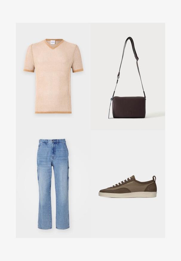 T-shirt beige en tricot à manches courtes et col en V avec une texture côtelée et des finitions contrastantes marron le long du col et des manches.; Pantalons cargo en denim bleu clair avec une coupe droite, dotés de poches latérales et d'une fermeture à boutons. Texture douce et délavage.; Baskets basses marron à profil bas avec lacets blancs, semelle beige, dessus en tissu et daim, languette latérale et logo "Tiger of Sweden" en texte doré.; Sac bandoulière en cuir marron foncé texturé avec une sangle réglable et un petit accent décoratif bleu sur le côté.
