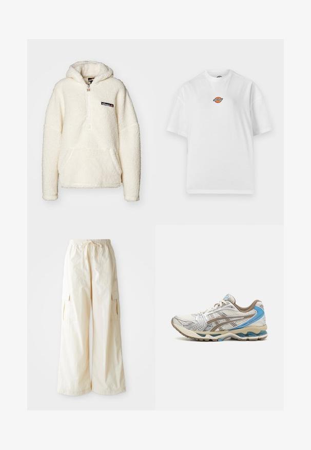 Ellesse ZEPPY - Hoodie - off white; Witte T-shirt met korte mouwen en ronde hals, met een klein kleurrijk Dickies-logo gecentreerd op de borst tegen een effen achtergrond.; Brede cargo-broek van lichtbeige stof met een elastische tailleband, trekkoordsluiting en zijzakken. Hete gladde textuur met minimale details.; Witte en beige hardloopschoen met blauwe accenten, mesh bovenwerk, gewatteerde zool en vetersluiting, getoond vanaf de buitenkant.