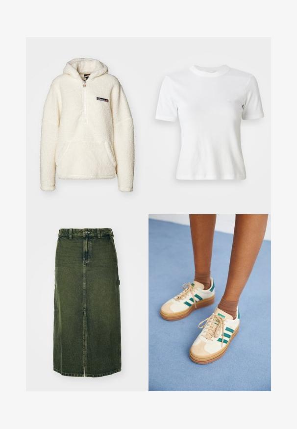 Ellesse ZEPPY - Sweat à capuche - off white; T-shirt blance à manches courtes en côte, avec un col rond et un petit logo sur la poitrine. Fabriqué en tissu doux avec une coupe ajustée.; Jupe en denim vert avec une coupe mi-longue, fente à l'avant, fermeture à boutons et passants de ceinture. Sa texture est légèrement délavée, avec des poches latérales.; Baskets beiges avec des rayures vert foncé, semelle en caoutchouc, tige en daim et textile, et accessoires neutres, associées à des chaussettes brunes sur une surface bleu clair.