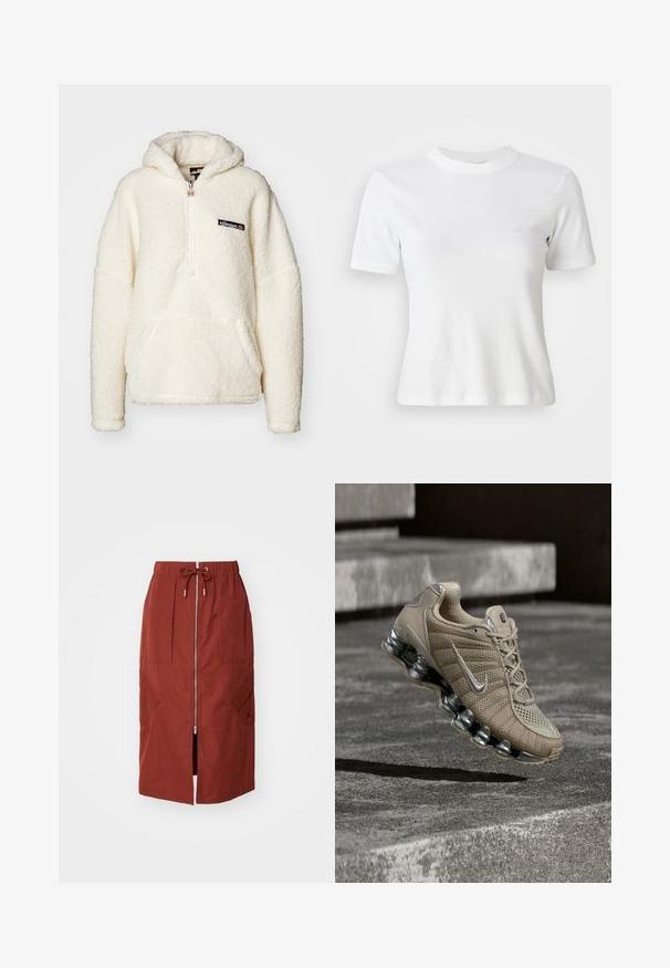 Ellesse ZEPPY - Hoodie - off white; Witte gestreepte t-shirt met korte mouwen, een ronde halslijn en een klein logo op de borst. Gemaakt van zachte stof met een getailleerd ontwerp.; Mid-length rok in terracotta rood, met een rits aan de voorkant, een elastische tailleband met trekkoord en zijzakken met een geometrisch ontwerp.; Beige Nike hardloopschoen met zilveren accenten en veerachtige zool zwevend boven betonnen trappen bij gedimd licht.