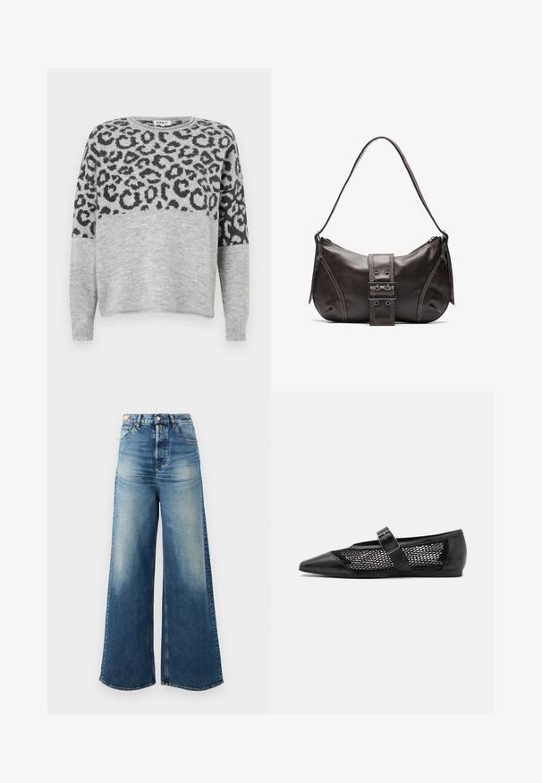 Pull en gris avec un motif léopard en gris foncé. Il a un col rond et des manches longues, confectionné dans un matériau doux et texturé.; Jean en denim bleu à jambes larges avec une finition décolorée, taille haute et design classique à cinq poches. Équipés de quincaillerie en cuivre et de bords effilochés.; Chaussure plate noire avec un bout pointu, panneaux latéraux en maille et une sangle avec une boucle décorative. Fini lisse sur les sections du bout et du talon.; Sac à épaule en cuir marron avec une forme courbée, présentant un détail de boucle proéminent, des coutures contrastantes et une seule bandoulière.