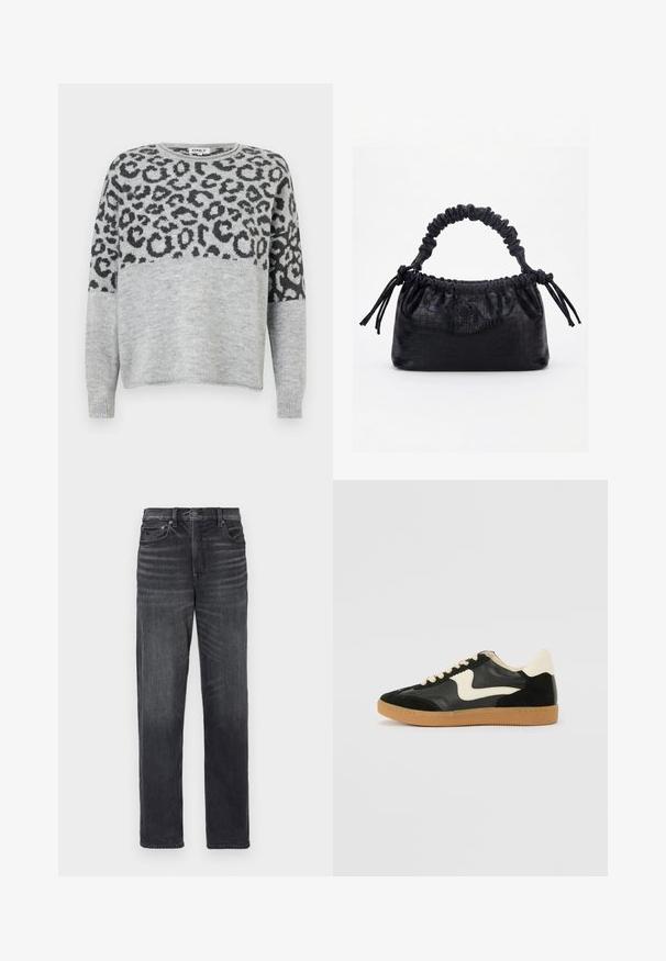 Pull en gris avec un motif léopard en gris foncé. Il a un col rond et des manches longues, confectionné dans un matériau doux et texturé.; Jean en denim noir avec une coupe droite, dotés de poches avant, d'une fermeture à bouton et d'un léger délavage.; Baskets en daim et cuir noir avec un swoosh latéral crème et un talon crème clair. Dotées de lacets beige et d'une semelle en caoutchouc gomme.; Sac à main noir avec texture crocodile, bord supérieur froncé, poignée plissée et pompons à cordon de chaque côté sur fond blanc.