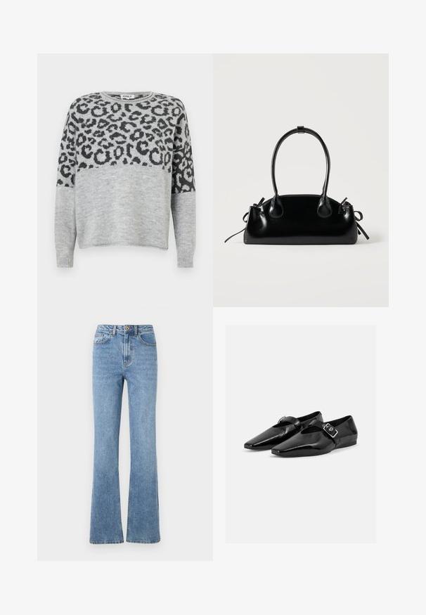 Pull en gris avec un motif léopard en gris foncé. Il a un col rond et des manches longues, confectionné dans un matériau doux et texturé.; Jean en denim bleu clair avec un design à jambe évasée, taille haute et quincaillerie minimale. Présente un style classique à cinq poches et une couture discrète.; Paire de chaussures plates en cuir verni noir à bouts pointus avec une bride à boucle sur le dessus, montrée sur un fond clair uni.; Petit sac à main noir brillant avec deux longues anses et des détails à cordon sur les côtés sur un fond clair uni.