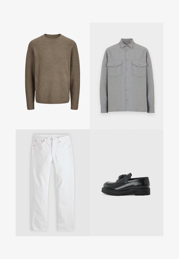 Brun langærmet uldsweater med ribstrikkede manchetter, kant og rund hals.; Lyst grå langærmet skjorte med knapper, spids krave og to forreste klaplommer med knapper.; Hvide herrejeans med lige ben, knaplukning, fem lommer og kobbernitter detaljer på en lysegrå baggrund.; Sort læderloafer med kvaster, tyk gummisål og lav hæl, vist i sideprofil på en ensfarvet baggrund.