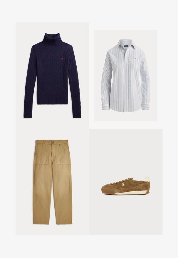 Pull à col roulé bleu marine en maille torsadée, manches longues et petit logo rouge brodé sur la poitrine gauche.; Chemise blanche à boutons avec fines rayures verticales bleues, manches longues, col pointu et petit logo brodé sur la poitrine.; Pantalon beige droit avec poches plaquées à l'avant, passants pour ceinture, fermeture par bouton et fermeture éclair.; Baskets basses en daim marron avec lacets blancs, semelle beige et petit logo blanc de cheval sur le côté.