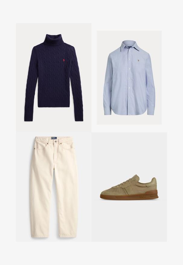 Pull à col roulé bleu marine en maille torsadée, manches longues et petit logo rouge brodé sur la poitrine gauche.; Chemise bleu clair à manches longues avec boutons, col pointu et petit logo brodé sur la poitrine gauche.; Jean de couleur crème en denim, présentant une coupe droite, des poches avant et un détail de surpiqûres. Fermeture avec bouton en métal et fermeture éclair.; Baskets basses Polo beige avec laçage à l’avant, empeigne en cuir texturé et semelle en caoutchouc marron avec le logo Polo sur le côté.
