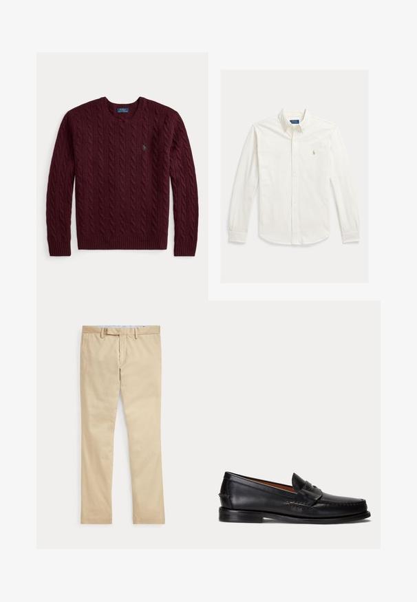 Jersey burdeos de punto trenzado con cuello redondo, manga larga y un pequeño logo verde de Polo Ralph Lauren en el pecho.; Camisa blanca de manga larga con botones y cuello, con el logo de Polo Ralph Lauren bordado en el pecho izquierdo.; Pantalones beige de corte recto con trabillas para cinturón y cremallera frontal, colocados planos sobre un fondo blanco.; Mocasín negro de cuero con tacón bajo y detalle de correa para moneda, mostrado de lado sobre un fondo gris claro.