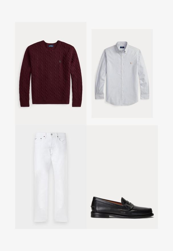 Burgunderfarvet kabelstrikket rundhalset sweater med lange ærmer og en lille grøn Polo Ralph Lauren-logo på brystet.; Lyseblå og hvide lodrette stribede skjorte med lange ærmer, knapper foran, knappet krave og lille broderet logo på brystet.; Hvide slim-fit jeans med fem lommer, knaplukning og bæltestropper, vist fladt på en hvid baggrund.; Sort læderloafer med lav hæl og pennyremdetalje, vist fra siden på en lysegrå baggrund.