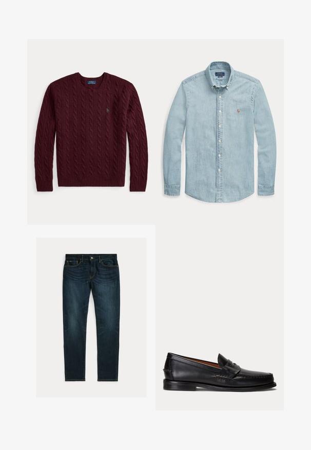 Burgundia värvi soonikkoes kaelusega kampsun, pikad varrukad ja väike roheline Polo Ralph Laureni logo rinnal.; Hele sinine pikkade varrukatega teksasärk, nööpidega allapoole käiv krae, valged nupud ja väike tikitud Polo Ralph Laureni logo rinnal.; Tumesinised kitsad teksad nõrga pleekimise ja viie tasku disainiga, asetatud tasaselt valgele taustale.; Mustast nahast loafer madala kontsa ja penny rihma detailiga, näidatud küljelt helehallil taustal.