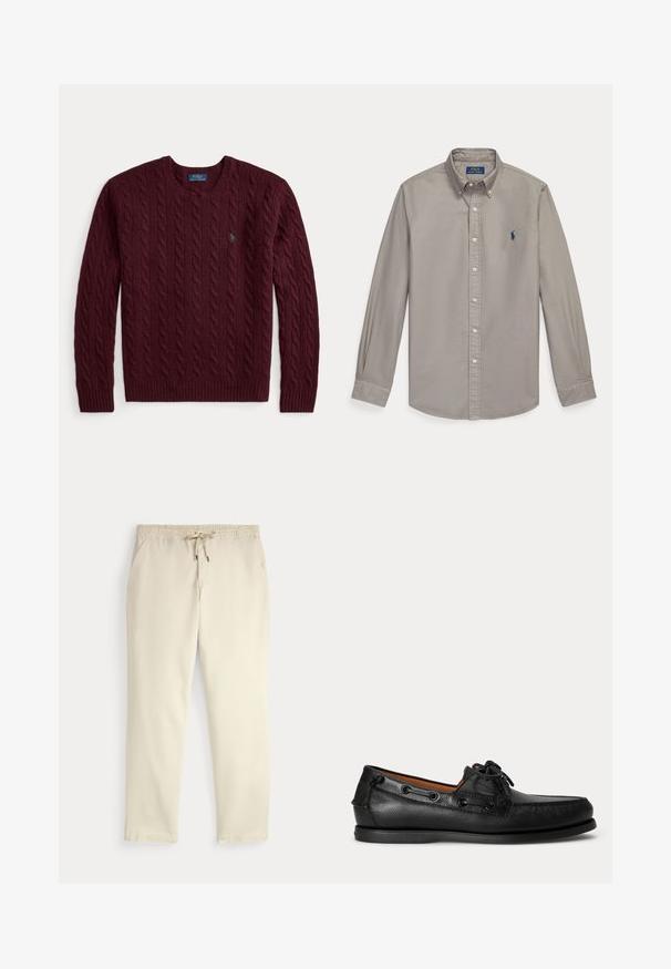 Burgunderfarvet kabelstrikket rundhalset sweater med lange ærmer og en lille grøn Polo Ralph Lauren-logo på brystet.; Lysegrå skjorte med lange ærmer, knapper, krave og blå Polo Ralph Lauren broderet logo på venstre bryst.; Off-white afslappede bukser med elastisk talje og snor, lige ben og sidelommer mod en ensfarvet baggrund.; Sort lædermoccasin med snøredetalje og lav gummisål, vist fra siden på ensartet lys baggrund.