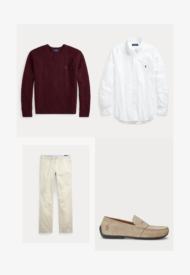 Bordeauxroter Strickpullover mit Rundhalsausschnitt, langen Ärmeln und kleinem grünem Polo Ralph Lauren-Logo auf der Brust.; Weißes Hemd mit langen Ärmeln, Knopfleiste und Kragen, mit kleinem dunklem Logo auf der linken Brust, flach auf einem hellen Hintergrund liegend.; Beige Baumwollhosen mit geradem Bein, Gürtelschlaufen, vorderem Knopf, Reißverschluss und Seitentaschen.; Beige Wildleder Slipper mit gesticktem Detail, flacher Gummisohle und kleinem Logo an der Seite. Klassisches Slip-On-Design, weicher Textur.