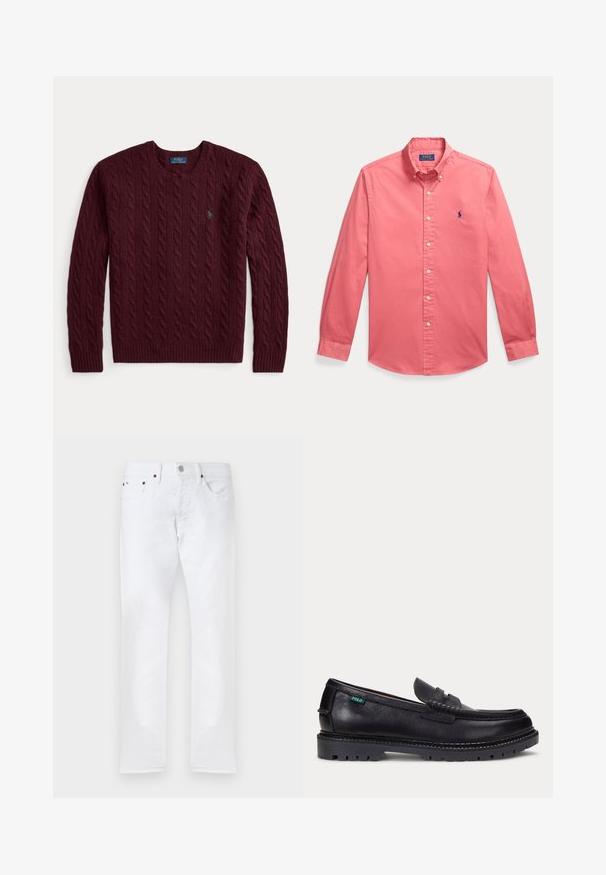 Bordeaux kabelgebreide trui met ronde hals, lange mouwen en een klein groen Polo Ralph Lauren-logo op de borst.; Langarmig koraalroze overhemd met kraag, witte knopen en klein blauw geborduurd logo op de linkerbovenborst.; Witte slim-fit jeans met vijf zakken, knoopsluiting en riemlussen, plat gelegd op een witte achtergrond.; Zwarte leren loafer met dikke geprofileerde zool en klein groen "Polo" label aan de buitenkant bij de hiel.