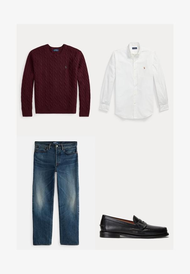 Bordeaux kabelgebreide trui met ronde hals, lange mouwen en een klein groen Polo Ralph Lauren-logo op de borst.; Wit overhemd met lange mouwen, knoopsluiting en knoopkraag, met klein geborduurd Polo Ralph Lauren-logo op de linkerborst.; Indigoblauwe denim jeans met een rechte pijp, vijfzakkenmodel en subtiele vervaging op de dijen. Voorzien van een metalen knoop en ritssluiting.; Zwarte leren loafer met lage hak en penny-strap detail, van opzij getoond op een lichtgrijze achtergrond.