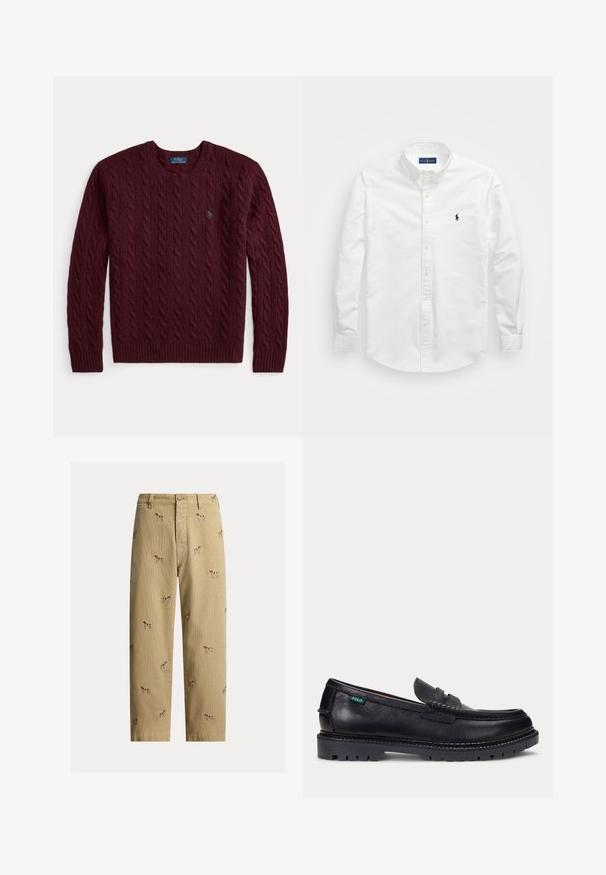 Burgunderfarvet kabelstrikket rundhalset sweater med lange ærmer og en lille grøn Polo Ralph Lauren-logo på brystet.; Hvid skjorte med knapper lavet af bomuld. Har en spids krave, lange ærmer, og et lille navy-logo på brystet. Glat tekstur.; Beige fløjlsbukser med broderede hundemotiver, lige ben, fem lommer og knaplukning foran.; Sort læderloafer med tyk, mønstret sål og lille grøn "Polo"-mærke på ydersiden nær hælen.