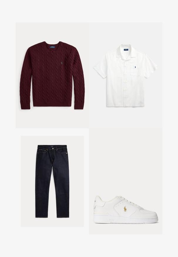 Bordeauxroter Strickpullover mit Rundhalsausschnitt, langen Ärmeln und kleinem grünem Polo Ralph Lauren-Logo auf der Brust.; Weißes kurzärmeliges Hemd aus Baumwolle mit einem Reverskragen, vorderen Knöpfen und einem kleinen blauen Logo auf der Brusttasche.; Dunkel indigoblaue Jeans mit geradem Bein, fünf Taschen, Knopf- und Reißverschluss und kontrastierenden orangen Nähten auf einfarbigem Hintergrund.; Weißer Leder-Sneaker mit niedrigem Schnitt, weißen Schnürsenkeln und einem goldfarbenen Polo Ralph Lauren-Logo an der Seite sowie "Polo" auf der Sohle geprägt.