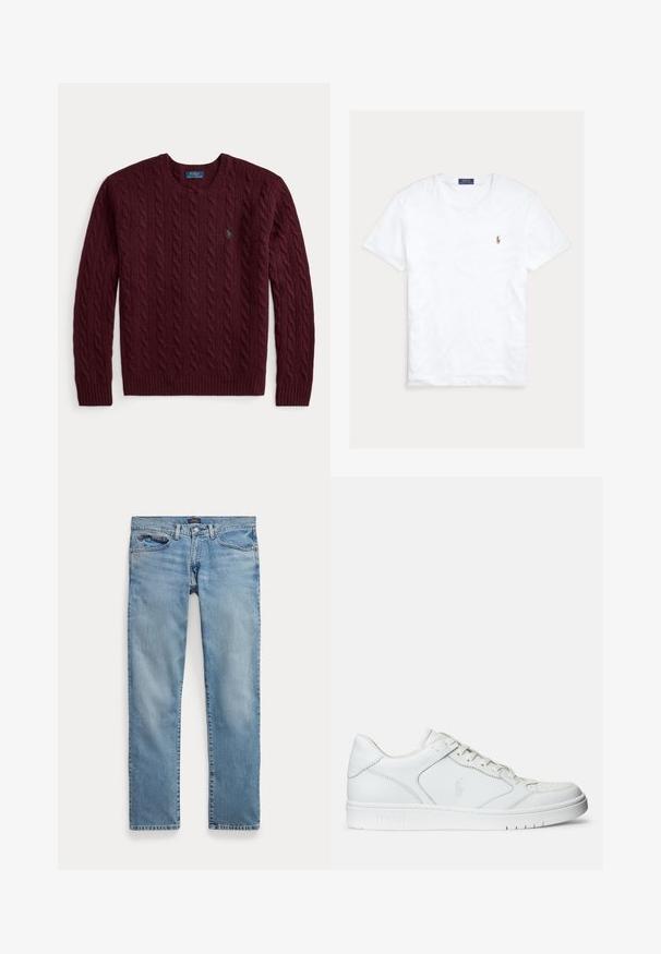 Bordový pletený sveter s okrúhlym výstrihom, dlhými rukávmi a malým zeleným logom Polo Ralph Lauren na hrudi.; Biele tričko s krátkym rukávom a okrúhlym výstrihom, s malým vyšitým logom Polo Ralph Lauren na ľavej strane hrude a modrou značkovou etiketu vo vnútri goliera.; Svetlomodré rovné rifľové nohavice s prednými vreckami a zapínaním na gombík, položené na bielom pozadí.; Biele kožené tenisky s hladkým povrchom, obsahujúce perforovanú špičku, šnúrkové uzatvorenie a vyšívané logo na boku. Biela gumová podrážka.