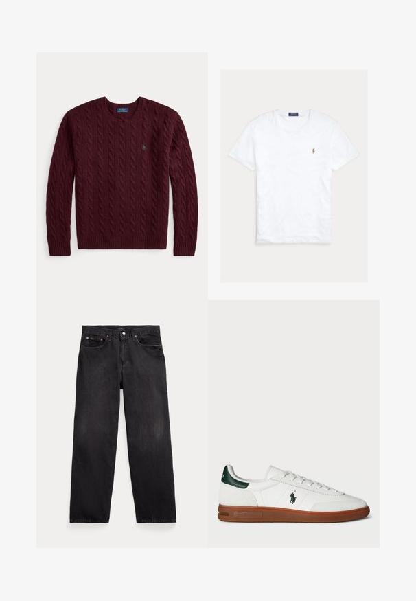 Bordeauxroter Strickpullover mit Rundhalsausschnitt, langen Ärmeln und kleinem grünem Polo Ralph Lauren-Logo auf der Brust.; Weißes T-Shirt mit Rundhalsausschnitt und kurzen Ärmeln, mit kleinem gesticktem Polo Ralph Lauren Logo auf der linken Brust und blauem Markenetikett innen am Kragen.; Schwarze Jeans mit geradem Bein, fünf Taschen, Knopfverschluss und sichtbaren Metallnieten an den vorderen Taschen.; Weiße Leder-Sneaker mit grünem Fersenakzent, strukturiertem Wildleder-Paneel, Gummisohle und besticktem Logo an der Seite. Verfügt über ein Schnürdesign.