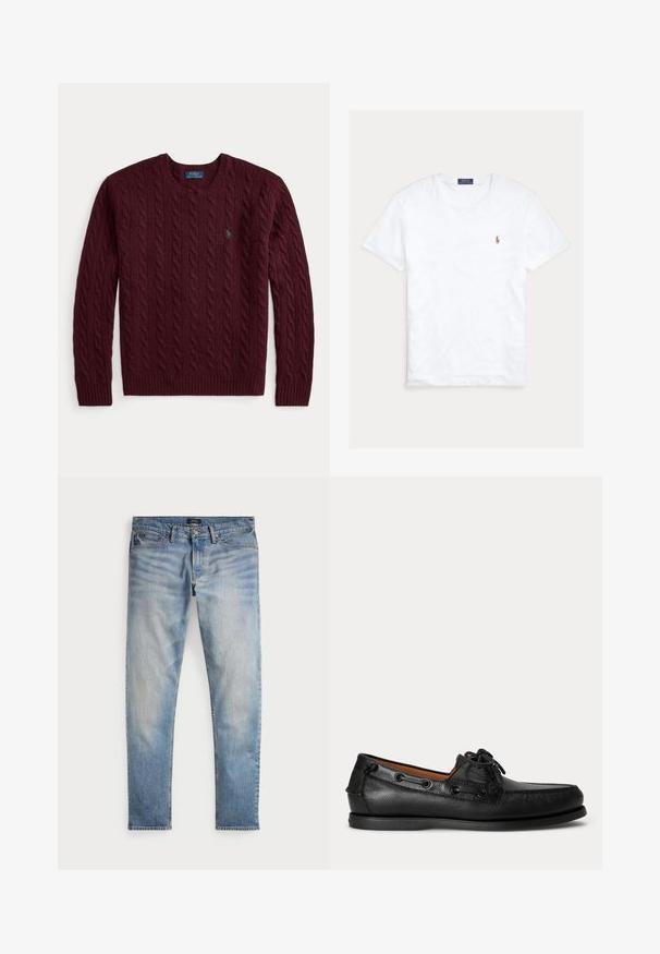 Bordeaux kabelgebreide trui met ronde hals, lange mouwen en een klein groen Polo Ralph Lauren-logo op de borst.; Witte T-shirt met korte mouwen en ronde hals met klein geborduurd Polo Ralph Lauren-logo op de linkerborst en een blauw merklint binnenin de kraag.; Lichtblauwe denim jeans met een vervaagde afwerking, vijfzakkenontwerp en contrasterende stiksels. Heeft een ritssluiting en riemlussen. Rechte snit.; Zwarte leren mocassin met veterdetail en lage rubberen zool, zijaanzicht op een eenvoudige lichte achtergrond.
