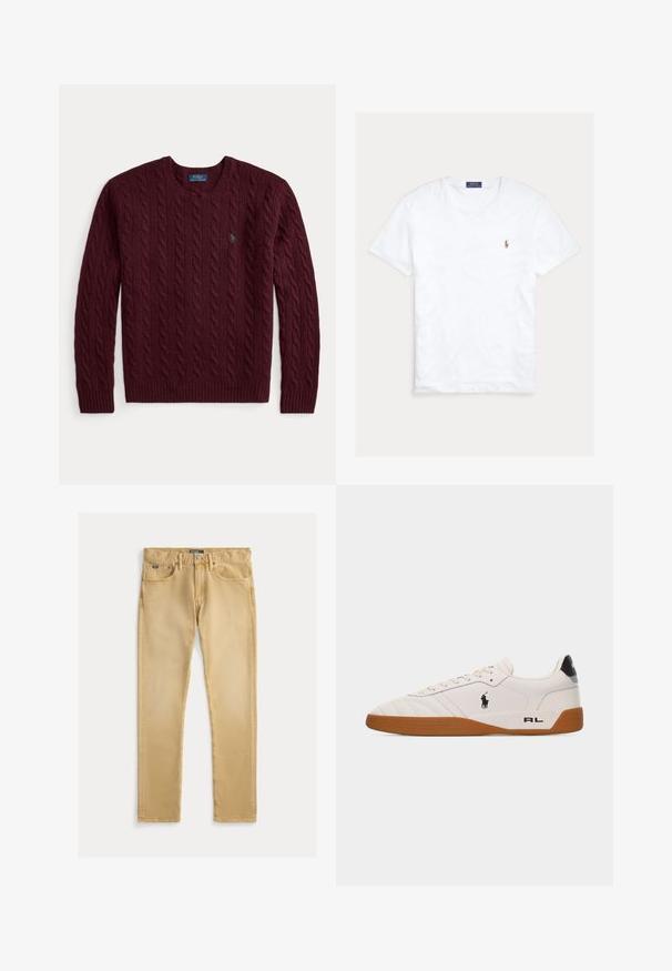 Burgundia värvi soonikkoes kaelusega kampsun, pikad varrukad ja väike roheline Polo Ralph Laureni logo rinnal.; Valge lühikeste varrukatega ümara kaelusega T-särk, millel on väike Polo Ralph Laureni tikitud logo vasakul rinnal ning sinine kaubamärgi silt krae sees.; Beige puuvillased teksad, millel on kitsas lõige, viie tasku disain ja nähtav õmblus. Omab metallist nöpp ja silt vööl.; Valge madala lõikega toss pruuni kummist tallaga, must Polo Ralph Laureni logo küljel ja "RL" tekst kandjalosal.