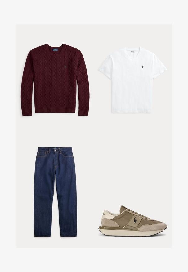 Pull bordeaux à col rond en maille torsadée avec manches longues et petit logo vert Polo Ralph Lauren sur la poitrine.; T-shirt blanc à manches courtes et col en V avec un petit logo cheval Polo Ralph Lauren bleu marine sur la poitrine gauche.; Jean en denim bleu foncé avec jambes droites, cinq poches, fermeture par bouton et coutures visibles.; Vue latérale d'une basket beige et marron avec des accents en daim et le logo Polo sur le côté, sur un fond uni.