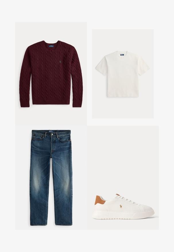 Bordeauxroter Strickpullover mit Rundhalsausschnitt, langen Ärmeln und kleinem grünem Polo Ralph Lauren-Logo auf der Brust.; Schlichtes weißes T-Shirt mit kurzen Ärmeln und Rundhalsausschnitt, innen am Kragen mit einem kleinen Polo by Ralph Lauren-Label.; Indigoblaue Denim-Jeans mit geradem Bein, Fünf-Taschen-Design und subtilen Verblassungen an den Oberschenkeln. Metallknopf- und Reißverschlussverschluss.; Weißer Sneaker mit niedrigem Schaft, beige Fersenlasche, weißen Schnürsenkeln und kleinem, besticktem Polospieler-Logo an der Seite über einer dicken Sohle.