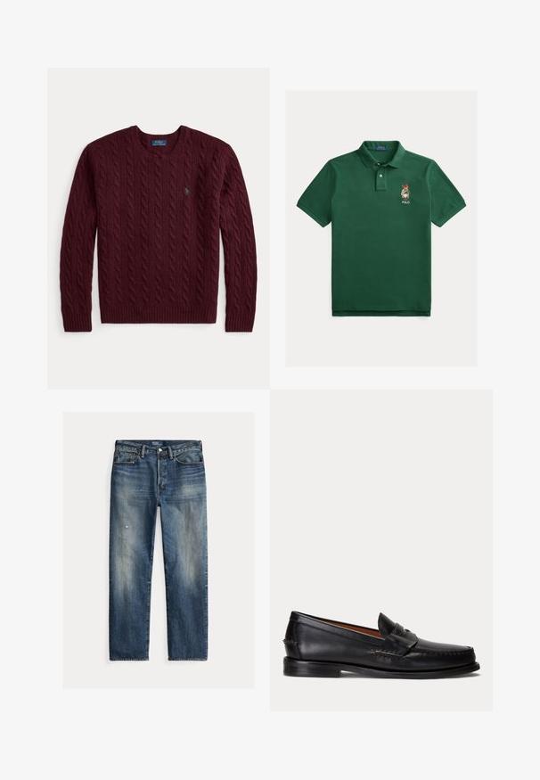 Bordový pletený sveter s okrúhlym výstrihom, dlhými rukávmi a malým zeleným logom Polo Ralph Lauren na hrudi.; Tmavozelené tričko polo z bavlny. Má klasický golier, zapínanie na tri gombíky a vyšívané logo na ľavej strane hrudníka. Krátke rukávy.; Modré džínsové nohavice s voľným strihom, vyblednutým efektom, viditeľnými známkami opotrebenia, priamym strihom a tradičným zapínaním na gombíky.; Čierny kožený mokasín s nízkym podpätkom a detailom s penny remienkom, zobrazený z boku na svetlosivom pozadí.