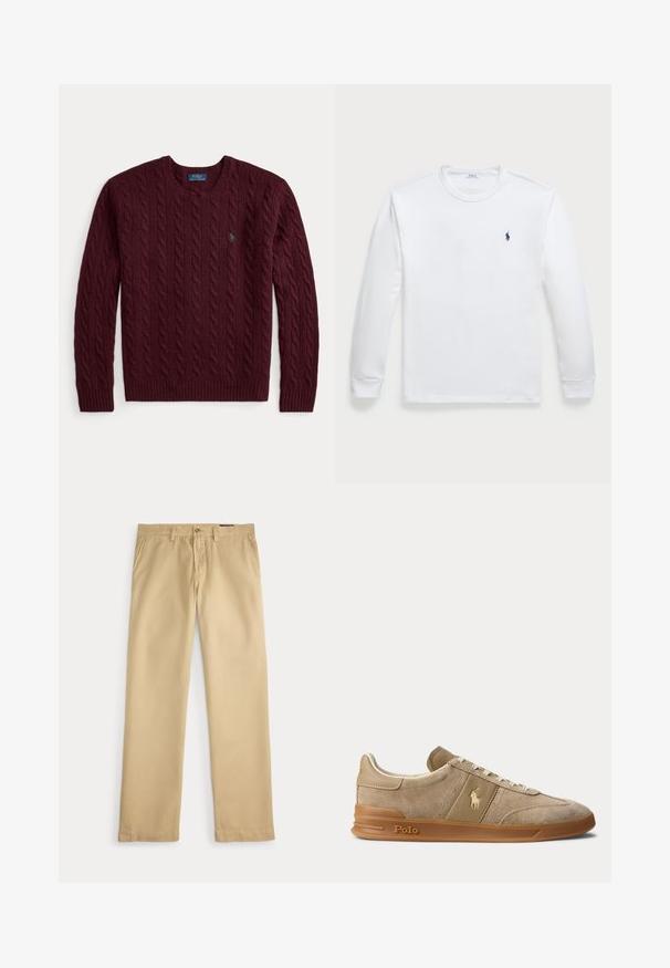 Burgunderfarvet kabelstrikket rundhalset sweater med lange ærmer og en lille grøn Polo Ralph Lauren-logo på brystet.; Langærmet hvid T-shirt lavet af bomuld, med rund halsudskæring og et lille marineblåt logo på venstre bryst. Glat tekstur, enkelt design.; Beige bukser med lige ben, bæltestropper, sidelommer og en knappet talje på hvid baggrund.; Beige ruskind og læder lav-top sneaker med gummisål, hvide snørebånd og Polo-logo på siden og sålen.