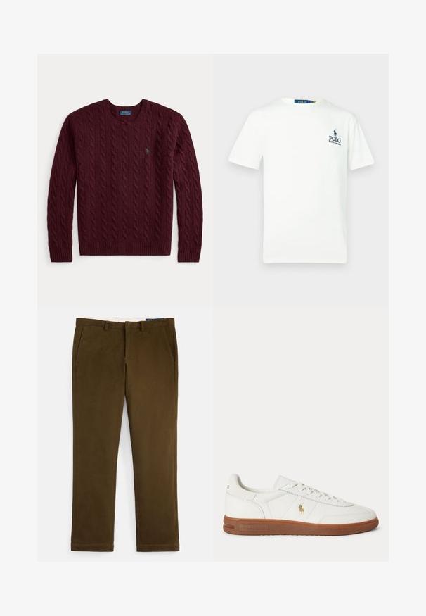 Pull bordeaux à col rond en maille torsadée avec manches longues et petit logo vert Polo Ralph Lauren sur la poitrine.; T-shirt en coton blanc avec un col rond, des manches courtes et un logo bleu "POLO Ralph Lauren" sur la poitrine gauche.; Pantalon chino en coton marron avec une finition lisse, devant plat, poches latérales et jambes droites. Comprend un détail de couture subtil le long des ourlets.; Baskets basses blanches avec semelle marron, lacets à l'avant, et petit logo doré Polo Ralph Lauren sur le côté.