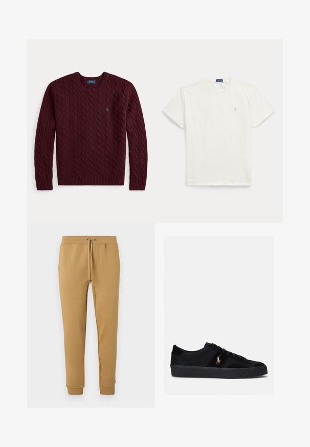 Jersey burdeos de punto trenzado con cuello redondo, manga larga y un pequeño logo verde de Polo Ralph Lauren en el pecho.; Camiseta blanca de manga corta con cuello redondo y un pequeño logo Polo Ralph Lauren de color beige claro en el lado izquierdo del pecho.; Pantalones deportivos beige de corte cónico con cintura elástica y cordón, con puños en los tobillos, mostrados sobre un fondo blanco.; Zapatillas negras con parte superior de tela y ante, puntera redondeada, suela de goma plana y logo bordado en el lateral. Diseño de cordones con seis ojales.