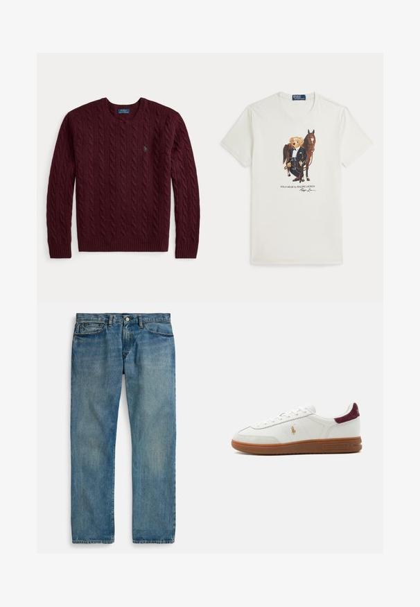 Bordeaux kabelgebreide trui met ronde hals, lange mouwen en een klein groen Polo Ralph Lauren-logo op de borst.; Witte T-shirt met ronde hals met een afbeelding van een beer in een smoking naast een bruine paard, met daaronder de tekst Polo Bear by Ralph Lauren.; Lichtblauwe denim jeans met een rechte pijpvorm, voorzien van vijf zakken, een knoopsluiting en subtiele vervaging voor textuur.; Witte lage sneaker met bruine rubberen zool, gouden polo speler logo aan de zijkant, witte veters en bordeaux suède hieltab, merk Ralph Lauren.