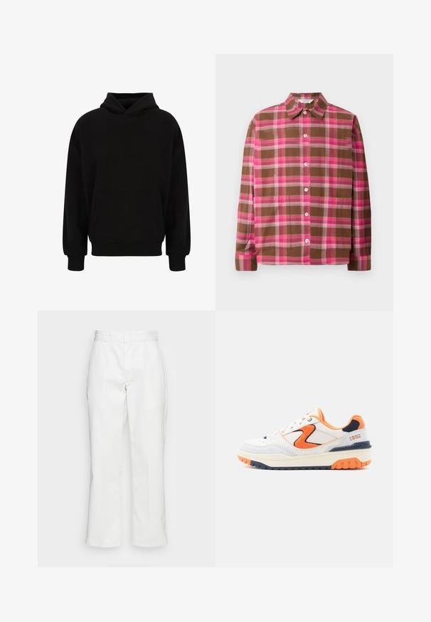 Zwarte pullover hoodie met een voorzak, ribgebreide manchetten en zoom. Gemaakt van zachte stof; heeft een relaxed fit en een verstelbare capuchon.; Bruine en roze geruite button-up shirt met lange mouwen, een kraag en een losse pasvorm. Bevat witte knopen en subtiele plooien aan de voorkant.; Witte katoenen broek met een recht model, riemlussen en zijzakken, met een gladde textuur en minimale detaillering.; Witte sneaker met oranje en marineblauwe accenten, textuurpanelen en geperforeerde details. Voorzien van een verhoogde zool en "1992" geborduurd aan de zijkant.