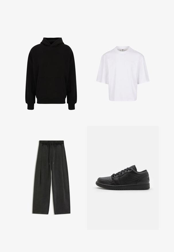 Zwarte pullover hoodie met een voorzak, ribgebreide manchetten en zoom. Gemaakt van zachte stof; heeft een relaxed fit en een verstelbare capuchon.; Witte, kortekorte t-shirt met een ronde hals en een ontspannen pasvorm, gemaakt van een zachte katoenmix. Geen patronen of versieringen.; Zwarte broek met wijde pijpen, elastische tailleband en trekkoord, met plooien en zijzakken.; Zwarte leren lage sneakers met geperforeerde neus, platte veters, gevoerde kraag en een gestructureerde buitenzool. Voorzien van een subtiele logo op de hiel.