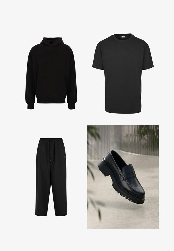 Zwarte pullover hoodie met een voorzak, ribgebreide manchetten en zoom. Gemaakt van zachte stof; heeft een relaxed fit en een verstelbare capuchon.; Zwart katoenen T-shirt met korte mouwen, ronde halslijn en een standaard pasvorm. De stof lijkt glad en ongekleed.; Zwarte trainingsbroek met een elastische tailleband en trekkoord. Gemaakt van zachte stof, met een comfortabele pasvorm en zijzakken.; Zwarte leren instappers met een chunky loopzool, voorzien van een decoratieve band en stikseldetails. Gladde textuur met een gepolijste afwerking.