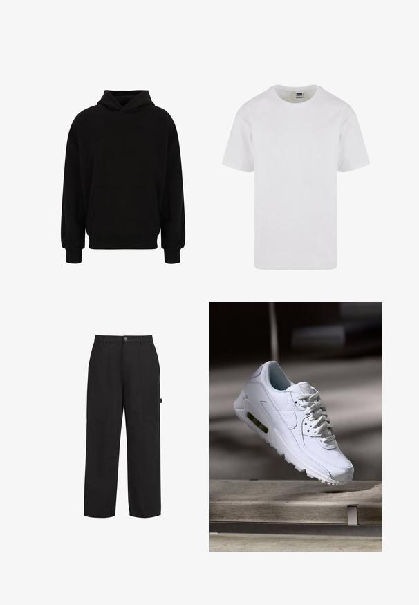 Schwarzer Pullover-Hoodie mit einer vorderen Kängurutasche, gerippten Bündchen und Saum. Hergestellt aus weichem Material; hat einen lässigen Schnitt und eine verstellbare Kapuze.; Weißes Rundhals-T-Shirt aus weicher Baumwolle mit kurzen Ärmeln und geradem Saum. Einfaches, unaufgeregtes Design in einfarbiger Ausführung.; Schwarze Baumwollhose mit lässiger Passform, ausgestattet mit zwei Fronttaschen, einem Reißverschluss und einem sichtbaren Knopf. Glatte Textur, gerades Bein-Design.; Weiße Lederturnschuhe mit strukturierten Oberflächen, gepolstertem Kragen und sichtbarer Luftpolsterung in der Sohle. Verfügt über Schnürsenkel und ein minimalistisches Design.