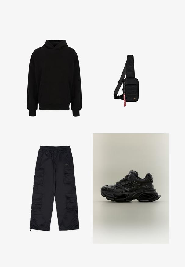 Zwarte pullover hoodie met een voorzak, ribgebreide manchetten en zoom. Gemaakt van zachte stof; heeft een relaxed fit en een verstelbare capuchon.; Zwarte cargobroek met een elastische tailleband, meerdere zijzakken en ritsen bij de broekschoenen. Gemaakt van een gladde, lichte stof.; Zwarte chunky sneaker met textuurontwerp, dikke zool en vetersluiting, weergegeven tegen een eenvoudige neutrale achtergrond.; Zwarte schoudertas gemaakt van gestructureerde stof. Heeft een hoofdvak met rits, een voorvak met band, een verstelbare riem en een decoratief label.