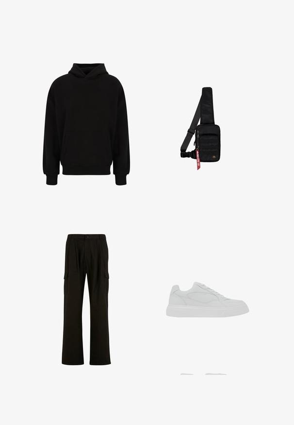 Zwarte pullover hoodie met een voorzak, ribgebreide manchetten en zoom. Gemaakt van zachte stof; heeft een relaxed fit en een verstelbare capuchon.; Urban Classics WIDE - Cargobroek - black; Witte lage sneaker met vetersluiting, een bovenwerk van glad leer en een dikke rubberen zool, gezien vanaf de buitenkant.; Zwarte schoudertas gemaakt van gestructureerde stof. Heeft een hoofdvak met rits, een voorvak met band, een verstelbare riem en een decoratief label.