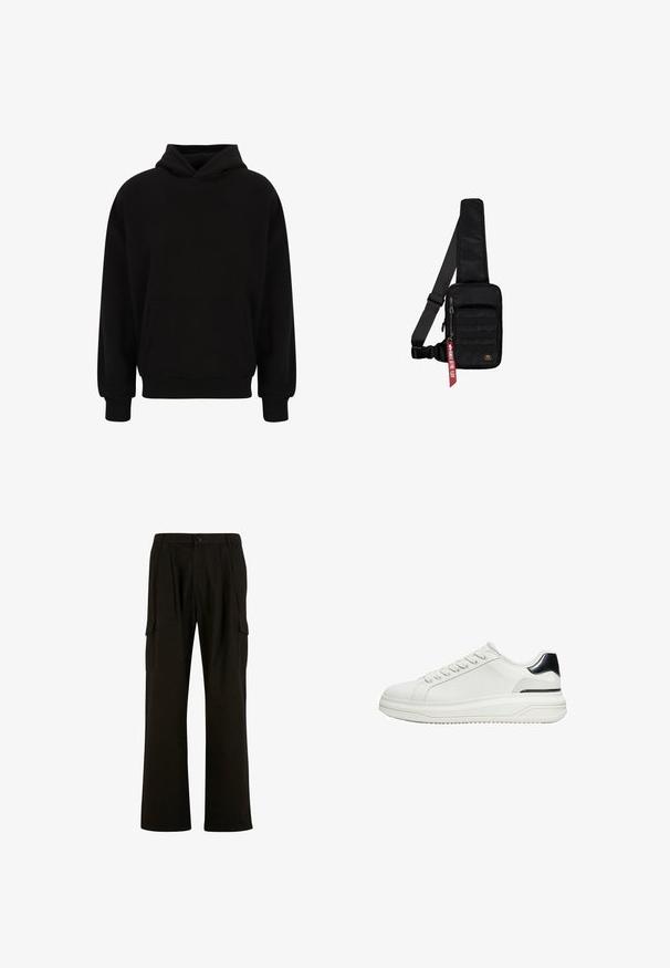 Schwarzer Pullover-Hoodie mit einer vorderen Kängurutasche, gerippten Bündchen und Saum. Hergestellt aus weichem Material; hat einen lässigen Schnitt und eine verstellbare Kapuze.; Urban Classics WIDE - Cargohose - black; Weißer Sneaker mit niedrigem Schaft, Schnürung vorne und schwarzem Fersen-Detail auf dicker Sohle, seitlich auf weißem Hintergrund gezeigt.; Schwarze Umhängetasche aus strukturiertem Stoff. Ausgestattet mit einem Reißverschluss-Hauptfach, einer vorderen Tasche mit Gurtband, verstellbarem Riemen und einem dekorativen Anhänger.