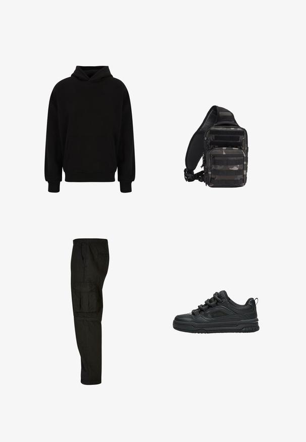 Schwarzer Pullover-Hoodie mit einer vorderen Kängurutasche, gerippten Bündchen und Saum. Hergestellt aus weichem Material; hat einen lässigen Schnitt und eine verstellbare Kapuze.; Schwarze Cargo-Hosen mit lockerer Passform, elastischem Bund, Seitentaschen und einer großen Cargotasche am Oberschenkel. Weicher, leichter Stoff.; Schwarzer Low-Top-Sneaker mit dicker Sohle, gepolstertem Kragen, Mesh-Einsätzen und kräftigen Schnürsenkeln, dargestellt vor weißem Hintergrund.; Kompakte schwarze und graue Camouflage-Taktik-Slingtasche mit mehreren Reißverschlussfächern und verstellbarem, gepolstertem Schultergurt.