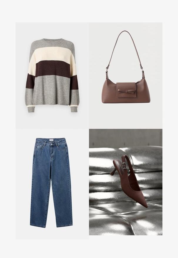 Strikket sweater i grå, creme og bordeaux striber. Har ribbet struktur, rund hals og lange ærmer med manschetter.; Klassiske blå denimbukser med lige ben, fem lommer og knaplukning. Har en medium vask og en robust tekstur.; Brun spids slingback-sko med lav hæl og spænde, hvilende på en skinnende, metallisk sølv tuftet overflade.; Brun skuldertaske i læder med en frontlomme med klap, der har en sydd sløjfedetalje, og en justerbar rem.